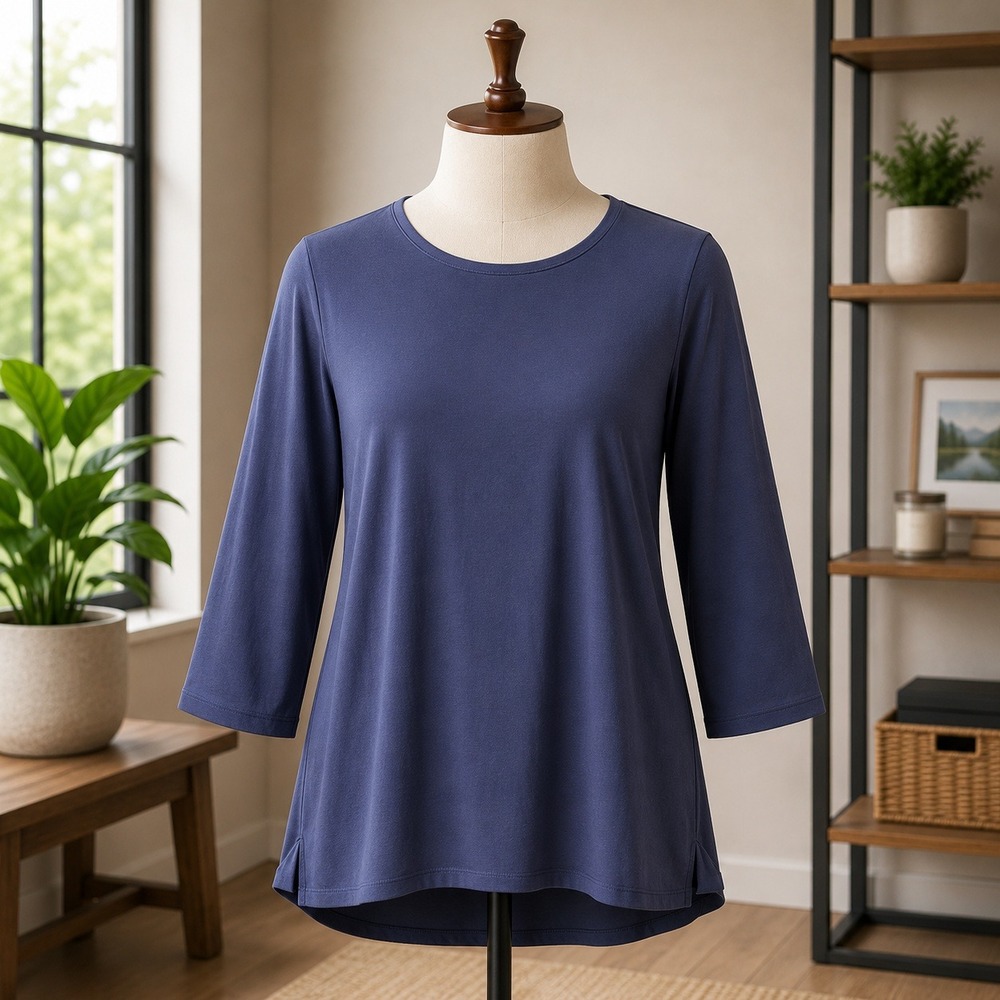LOGO Lori Goldstein Everyday Tee Womens 1X Blue 3/4 Sleeve Crew Neck Side Slit